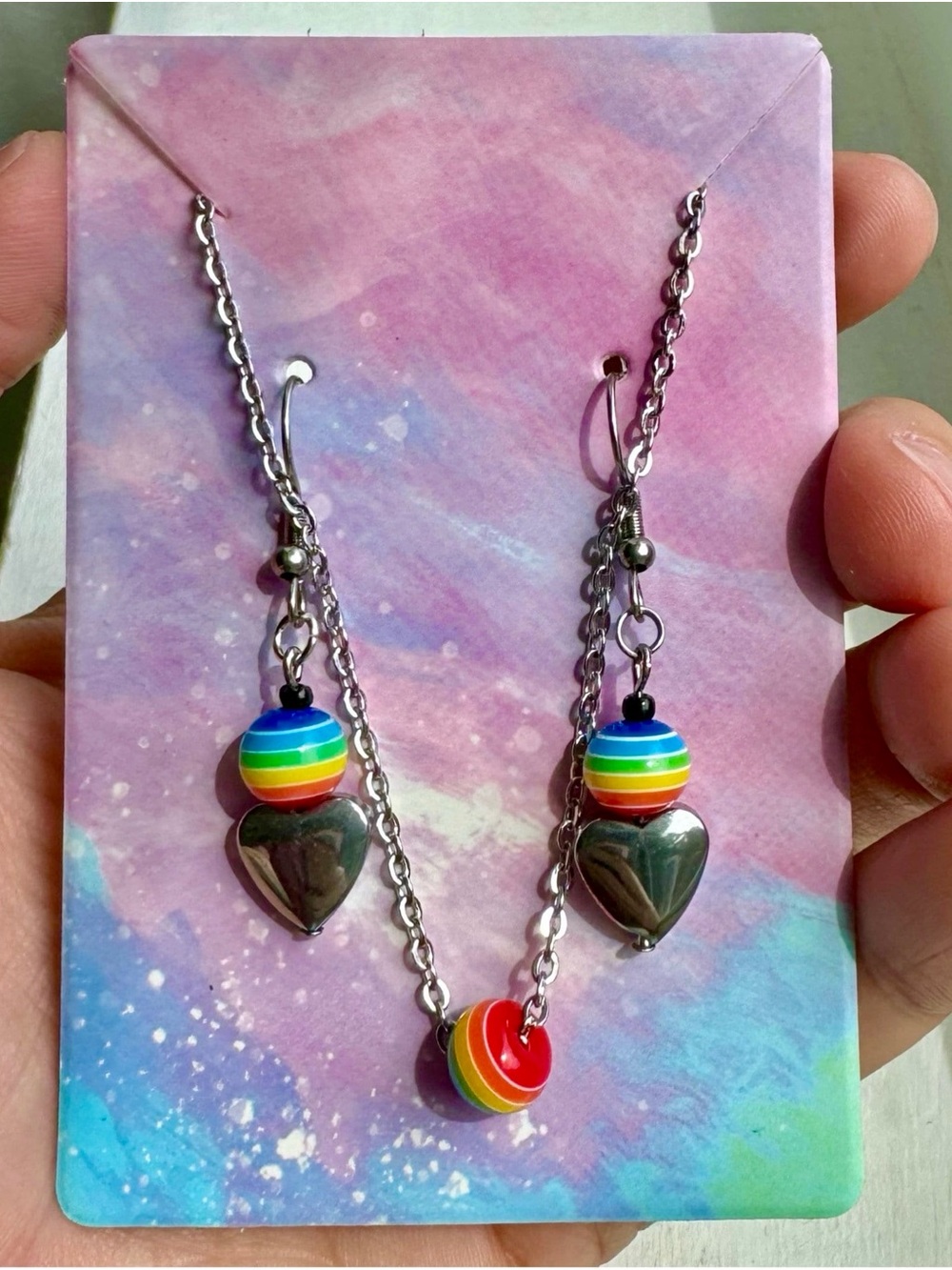 Silver Heart & Rainbow Bead Necklace and Earrings Set